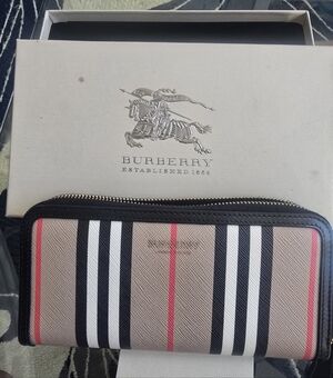 Burberry Striped Zip-Around Wallet in Beige, Black and Red
